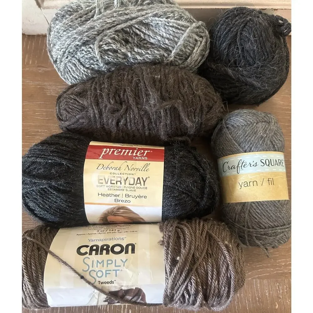 Mixed Lot Of Yarn 5 Skeins Acrylic Blend Gray Black Brown Medium Worsted Yarn